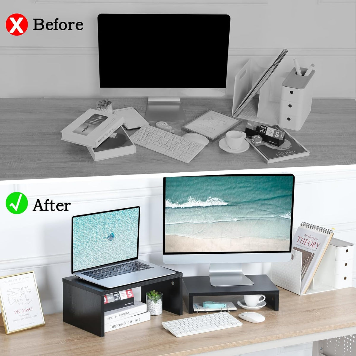 TEAMIX 2-Pack Monitor & Laptop Stand Riser,Wood High-Low Dual Monitor Setup