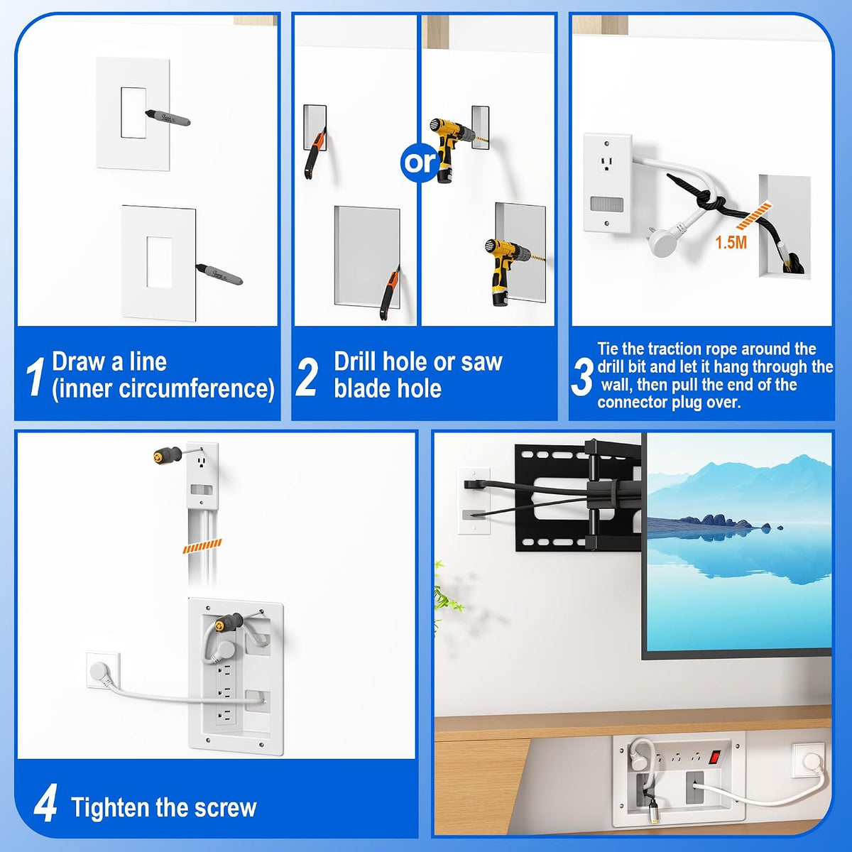 in Wall TV Cable Management Kit with Recessed Outlet – 4 Outlets, 7ft Cord(4ft+3ft), Drywall Cutting Drill Bit and Hand Saw – Easy, Overload Protection Switch, Safe TV Wire Hider for Wall