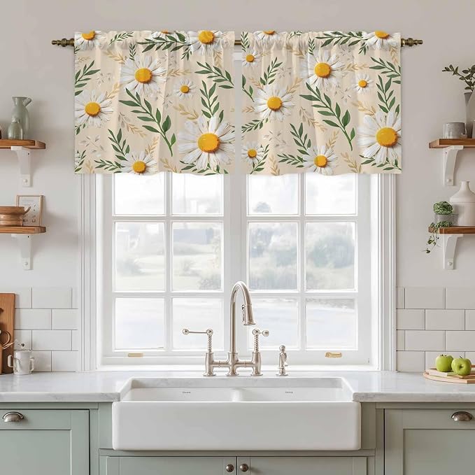 Spring Daisy Tier Curtains, Country Watercolor Flower Leaf Plant Light