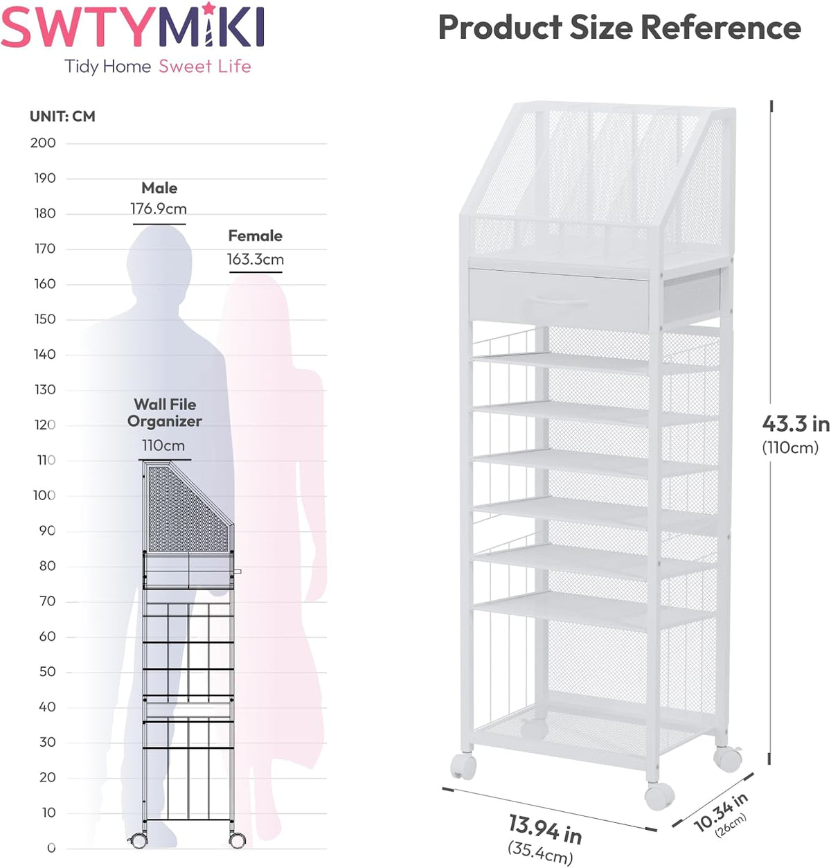 SWTYMIKI 9-Tier Rolling File Cart - Paper Organizer with Drawer and Trays, Wood Desk Office Organizer, Office Organization and Binder Storage for Workspace, Home, School, White