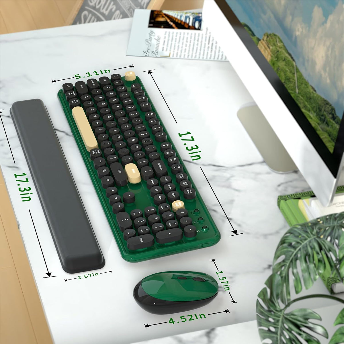 Retro Wireless Keyboard and Mouse Combo with Wrist Rest (Dark Green)