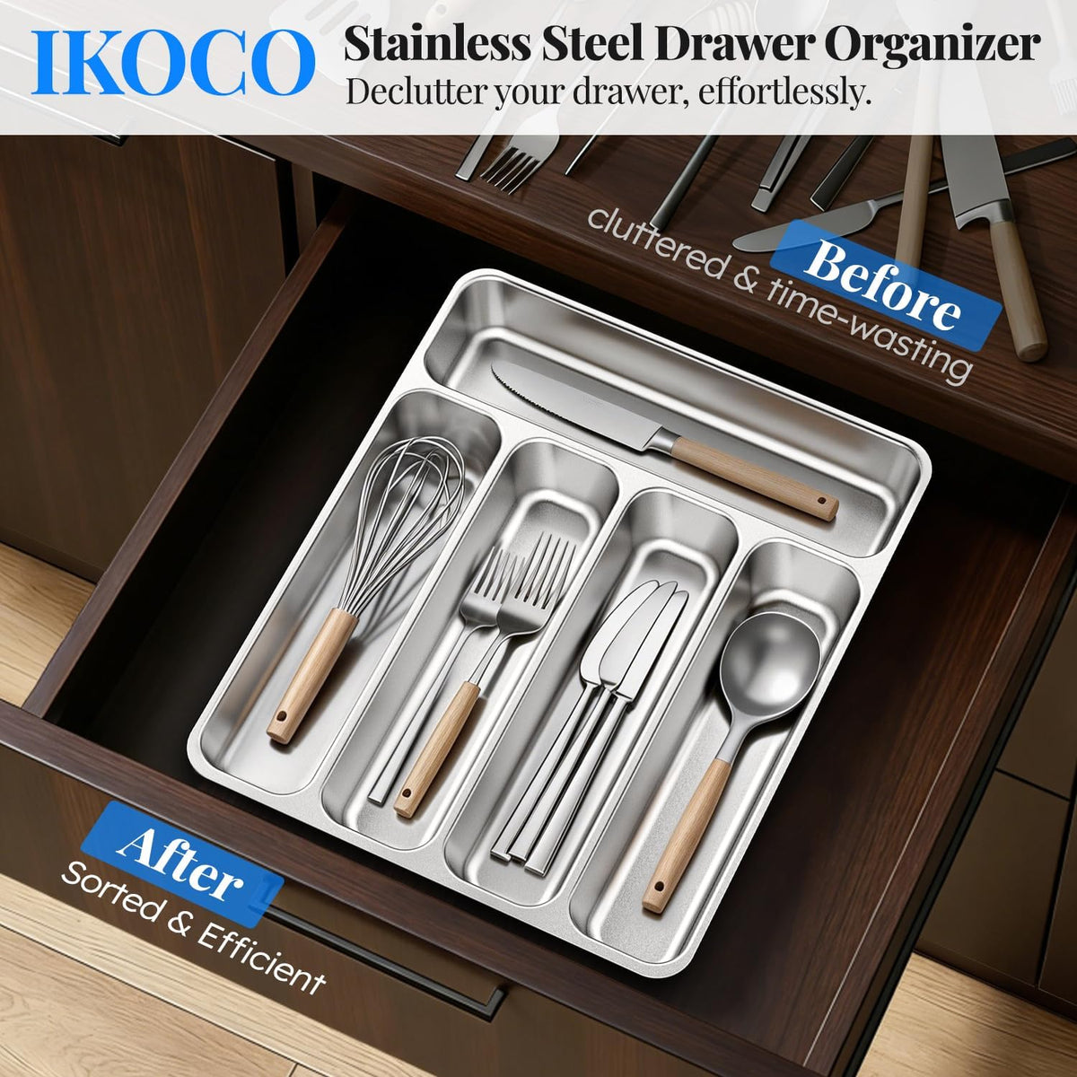 IKOCO 2-Pack Silverware Organizer, Stainless Steel, Dishwasher Safe