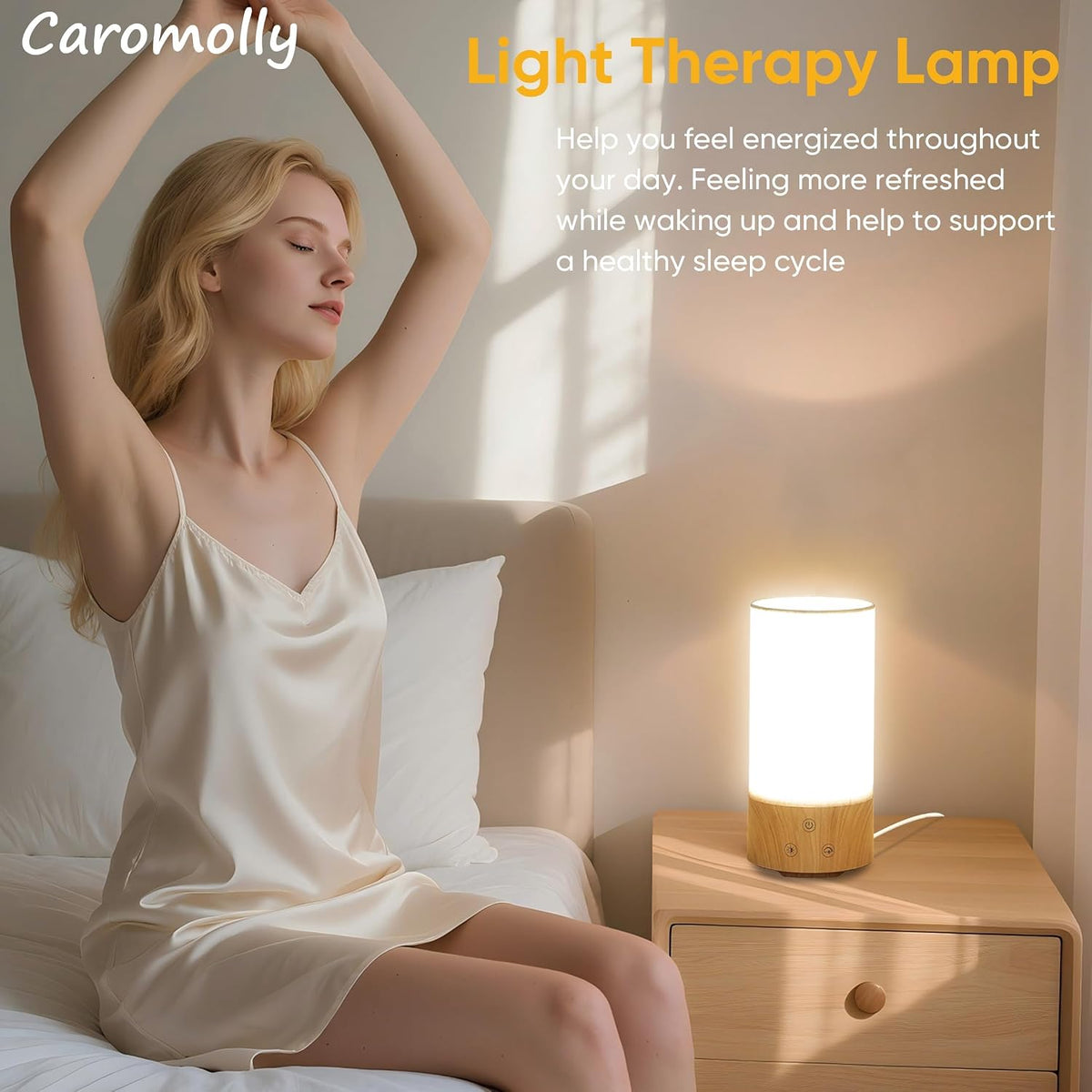 Caromolly Light Therapy Lamp, Happy Lamp 10,000 LUX UV Free with 3 Color Temperature & 5 Brightness Level, Full Spectrum Light Wood Base Round Flaxen Fabric Shade for Home, Office, White Linen