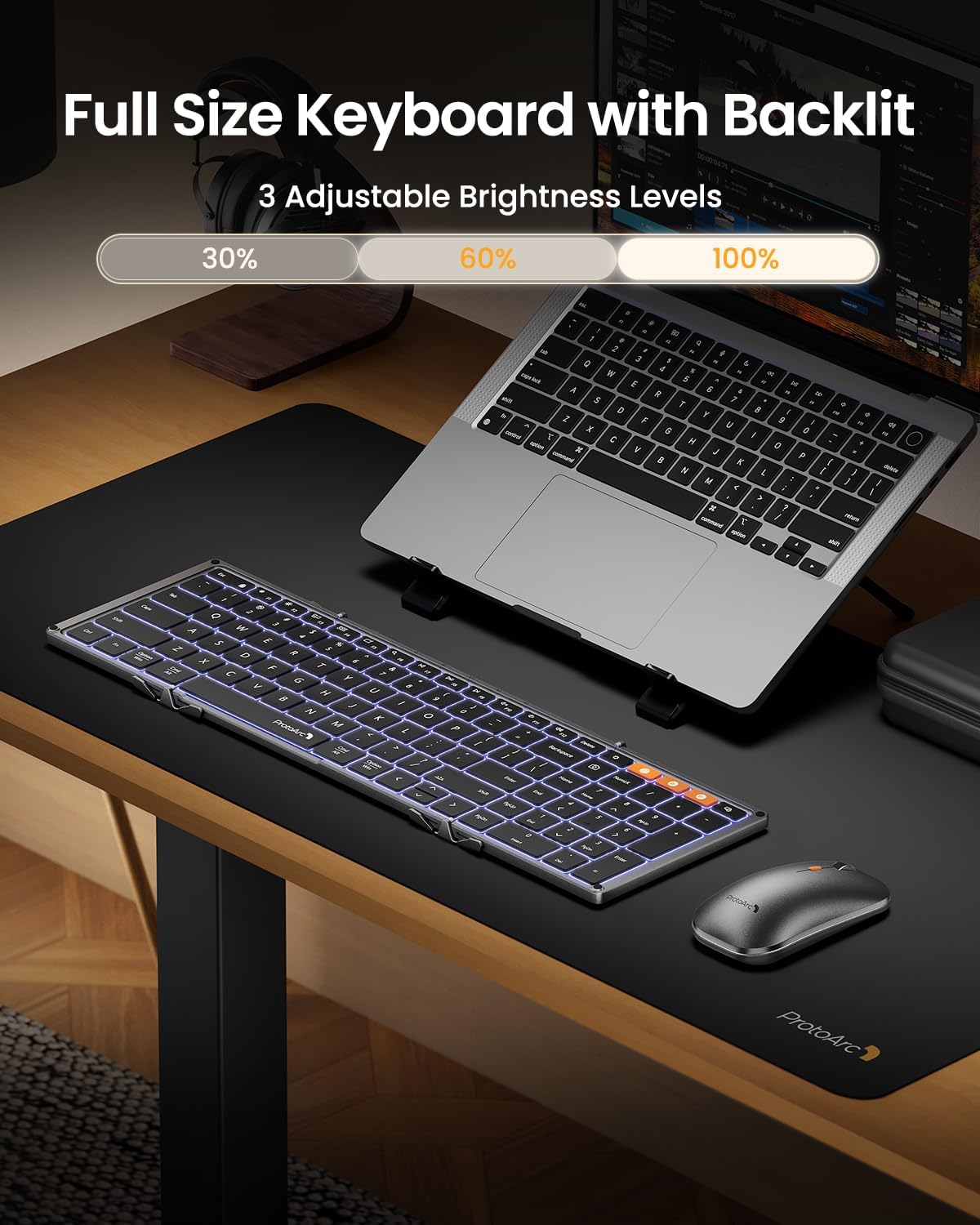 ProtoArc XKM01 Pro Backlit Foldable Keyboard and Mouse, Full Size, Gray