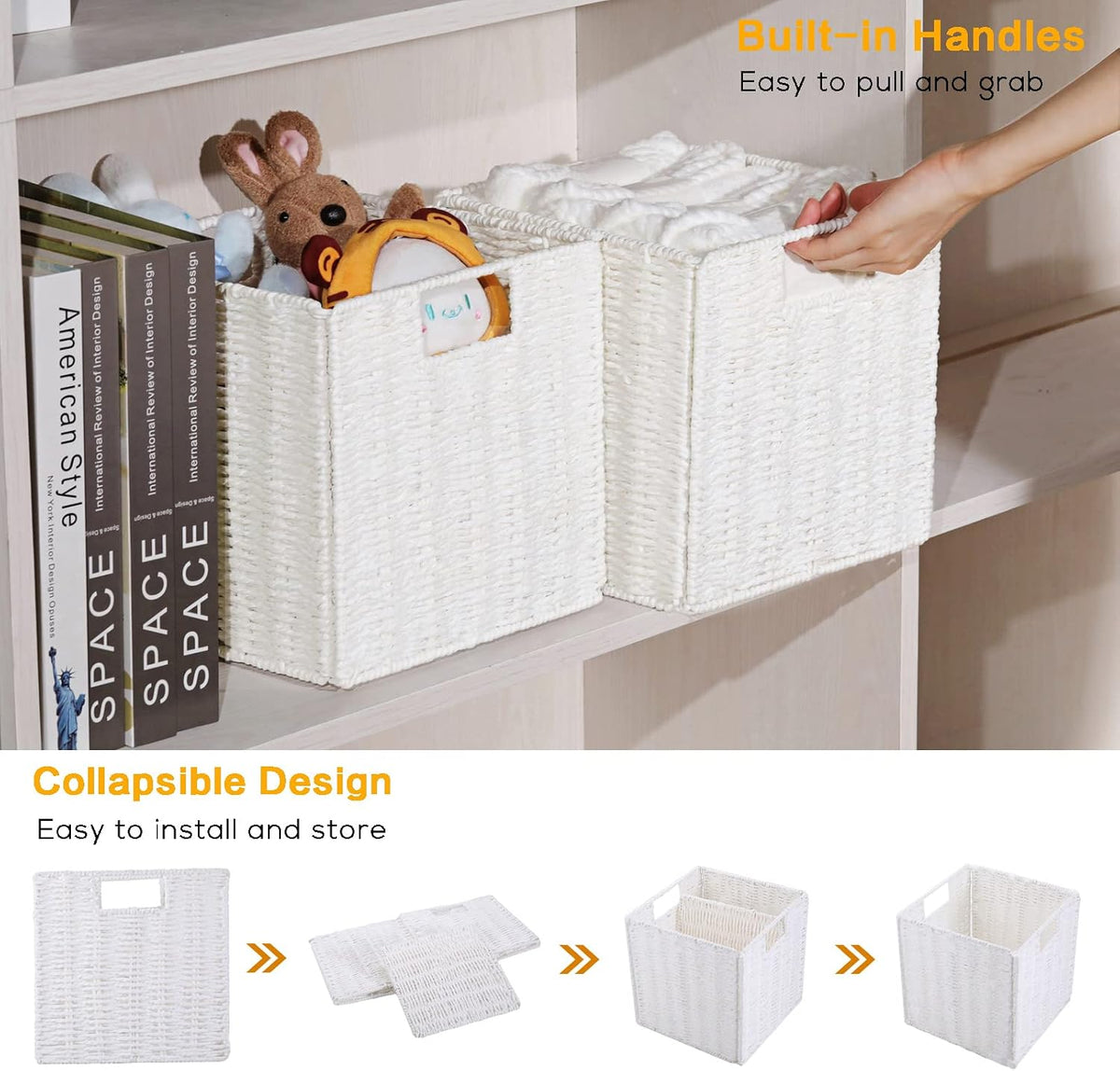 Vagusicc Wicker Storage Basket, Set of 2 Hand-Woven Wicker Baskets for Organizing, Foldable Cube Storage Basket Bins, 13 Inch Large Wicker Storage Baskets for Shelves & Decor, White (13''x13''x13'')