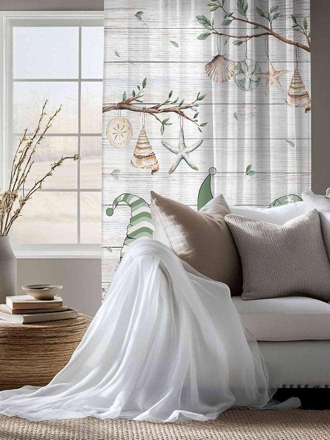 Sheer Curtains 63 Inch Length, Sage Green Gnomes Semi Sheer Curtains Light