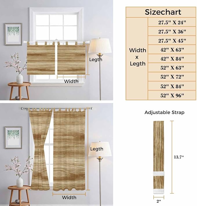 Light Brown Wood Grain Kitchen Curtains 45 Inch Length, Short Cafe Window