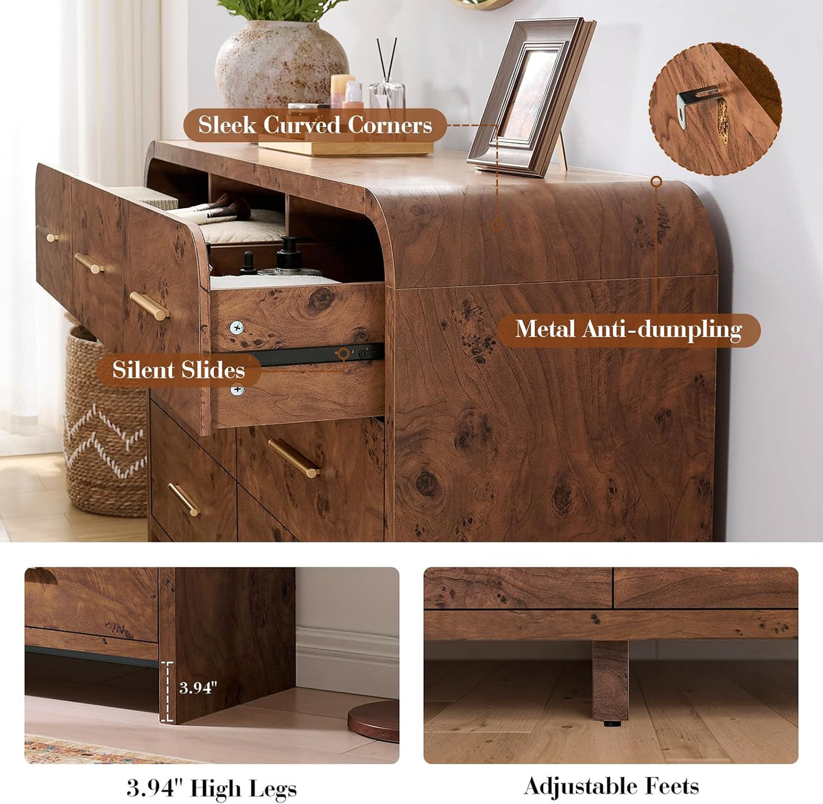 Curved Drawer Dresser for Bedroom with 7 Drawers, 54'' Wide Chest of Drawer