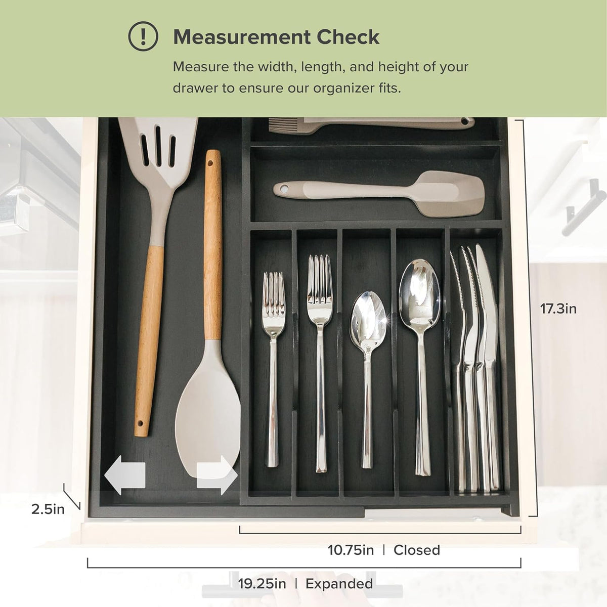 KitchenEdge Silverware & Utensil Drawer Organizer, 10.5-19 in, Black Bamboo