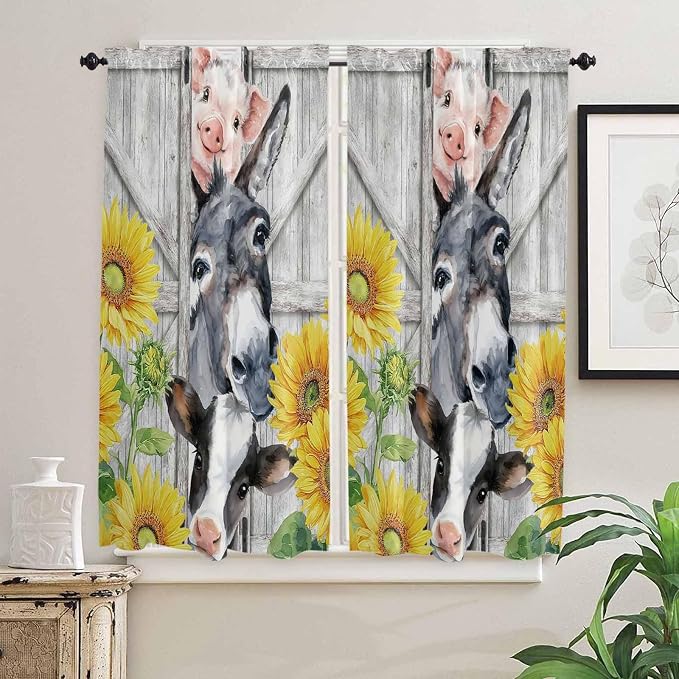 Farmhouse Bedroom Curtains 63 Inches length, Watercolor Sunflowers Animals