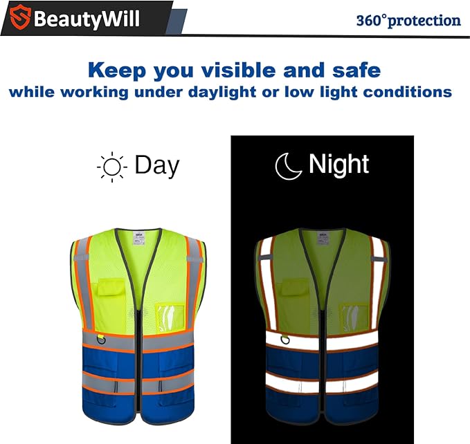 Custom Safety Vest Customized Logo Mesh Vest Class 2 High Visibility Reflective Vest with Pockets Blue workwear（Yellow Blue，XXL）