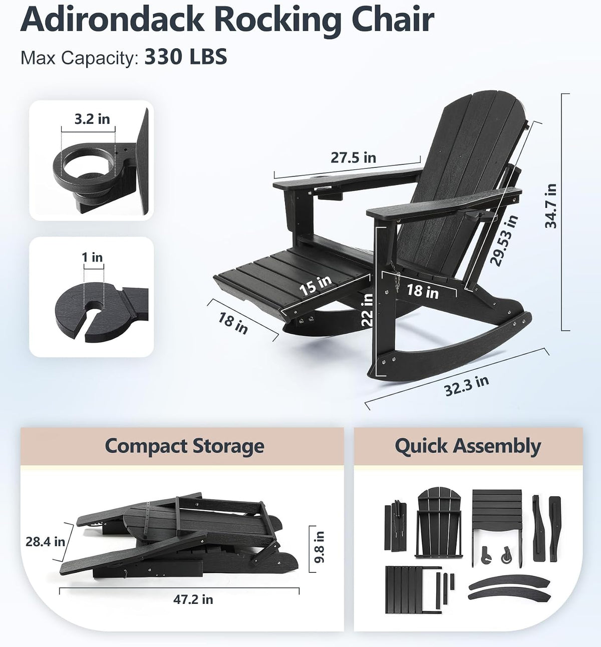 PASAMIC Adirondack Rocking Chairs Set of 2, Foldable All-Weather HDPE Patio Rockers with Retractable Ottoman & Cup Holder, Outdoor Chairs for Porch Backyard Pool Garden Balcony, Ebony Black