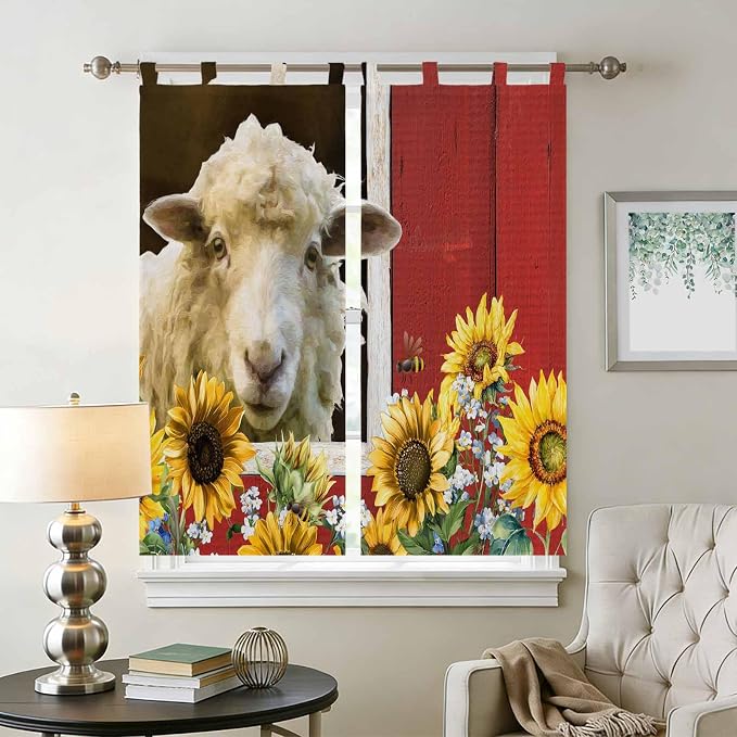 Sheep Flowers Bedroom Curtains 72 Inch Length, Window Curtains Tab Top