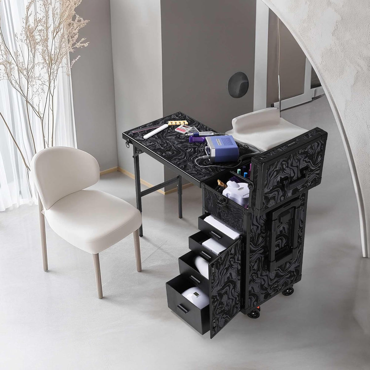 BYOOTIQUE Portable Manicure Table Foldable Nail Tech Desk w/4 Drawer