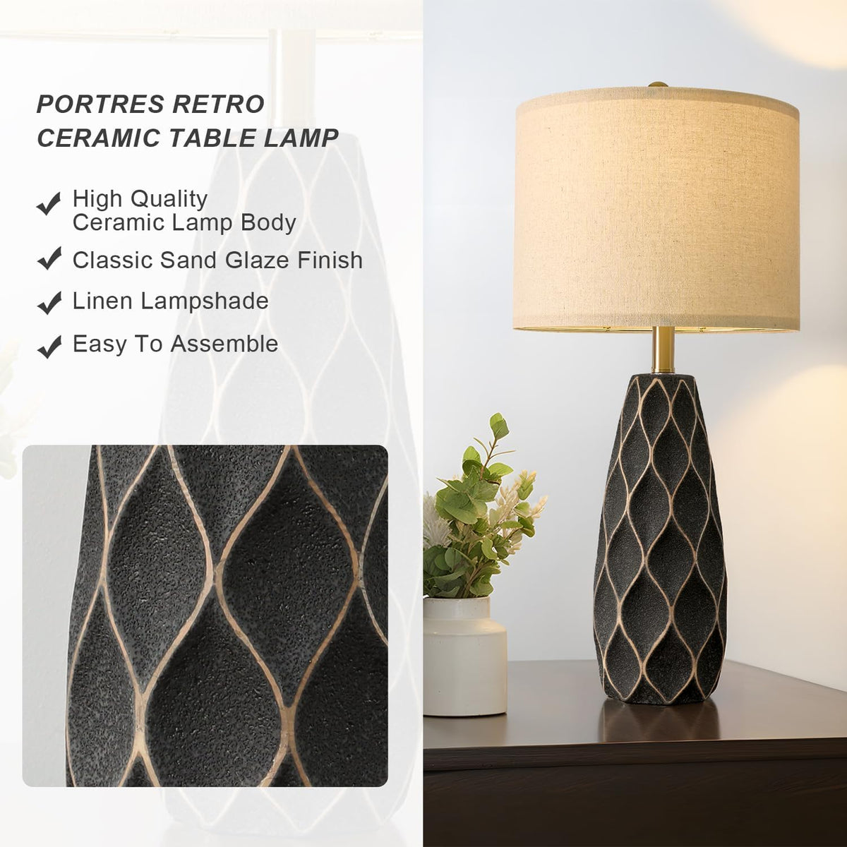 PORTRES 27.5" Ceramic Table Lamps for Bedroom Living Room Lamps Set of 2