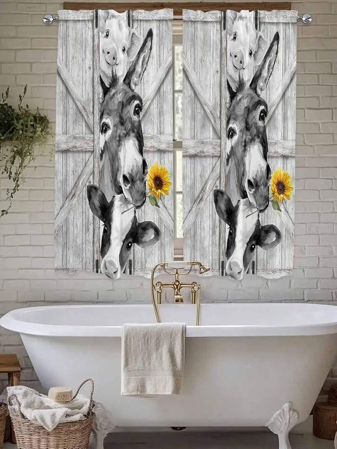 Grey Farmhouse Bedroom Curtains 63 Inches Length, Vintage Sunflowers Animals