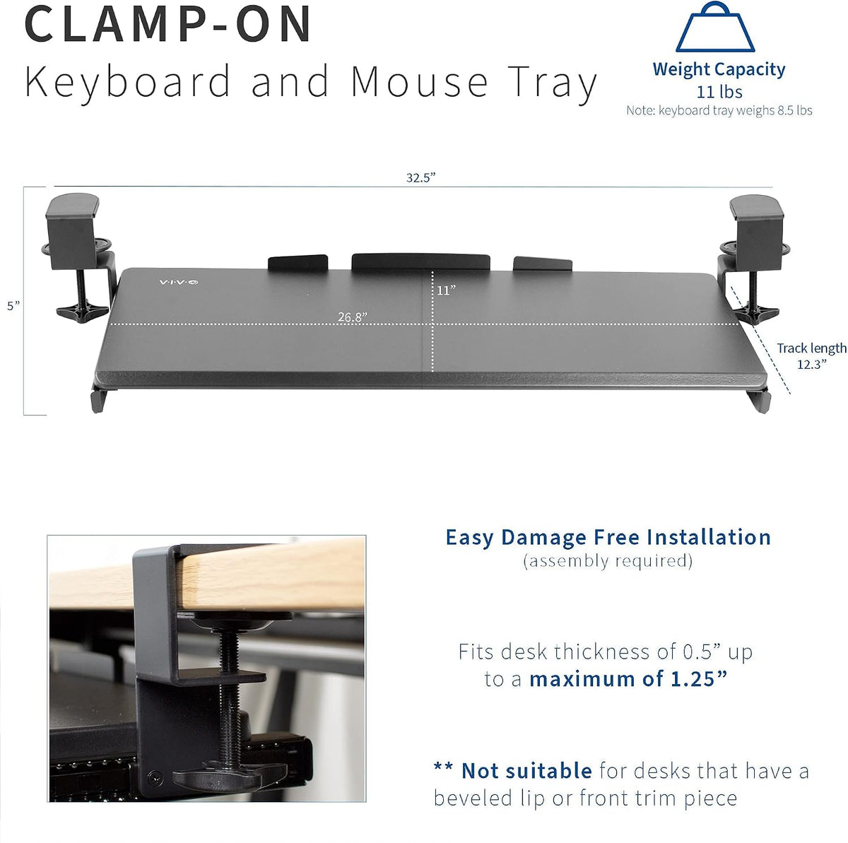 VIVO Dual 13 to 27 inch LCD Monitor Mount and Under Desk C-clamp 27 x 11 Keyboard Tray Kit, Heavy Duty, Fully Adjustable Stand and Slide-Out Platform (Bundle)