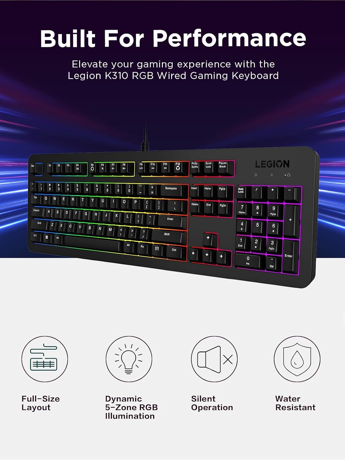 Lenovo Legion K310 RGB Wired Gaming Keyboard - Ultra-Fast Reaction Time with Tactile Keys, Quiet Key Membrane Switches, Silent Operation, RGB Illumination - Water Resistant & Compact Design