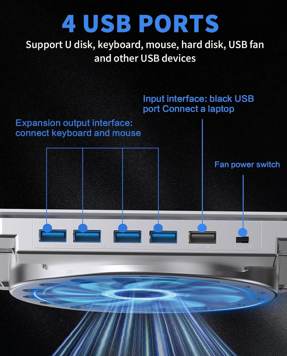 SOUNDANCE Adjustable Laptop Cooling Pad, 4 USB 3.0 Hubs, 10-16", Silver