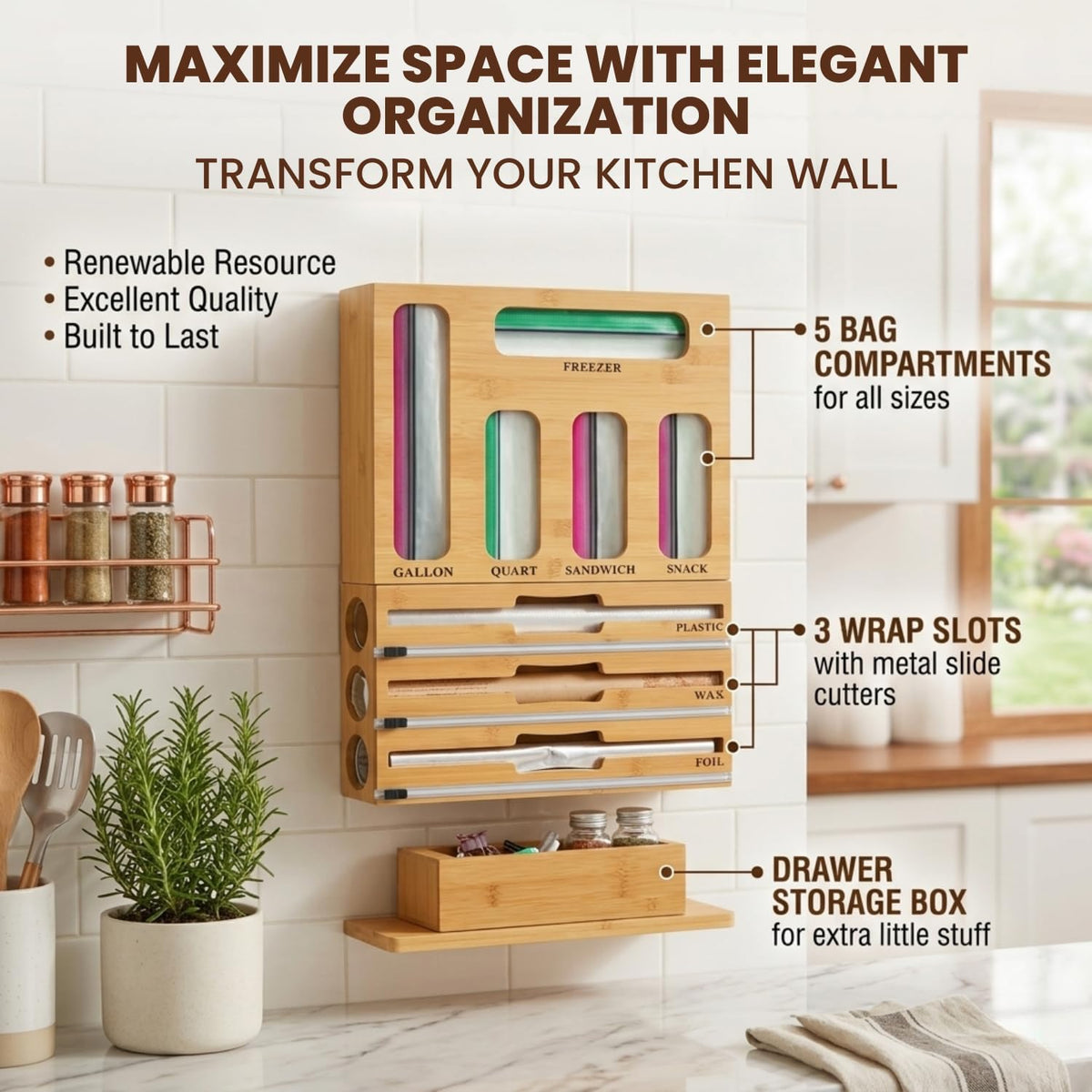 9 in 1 Storage Bag Organizer for Kitchen Drawer, Bamboo Foil and Plastic Wrap with Cutter, Ziplock Bag Organizer for Quart, Gallon, Sandwich & Snack Bags - Aluminum Foil Organizer