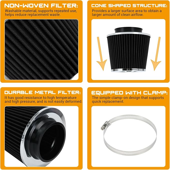 PTNHZ Universal Black 3.5" 89mm High Flow Cold Air Intake Cone Air Filter Power