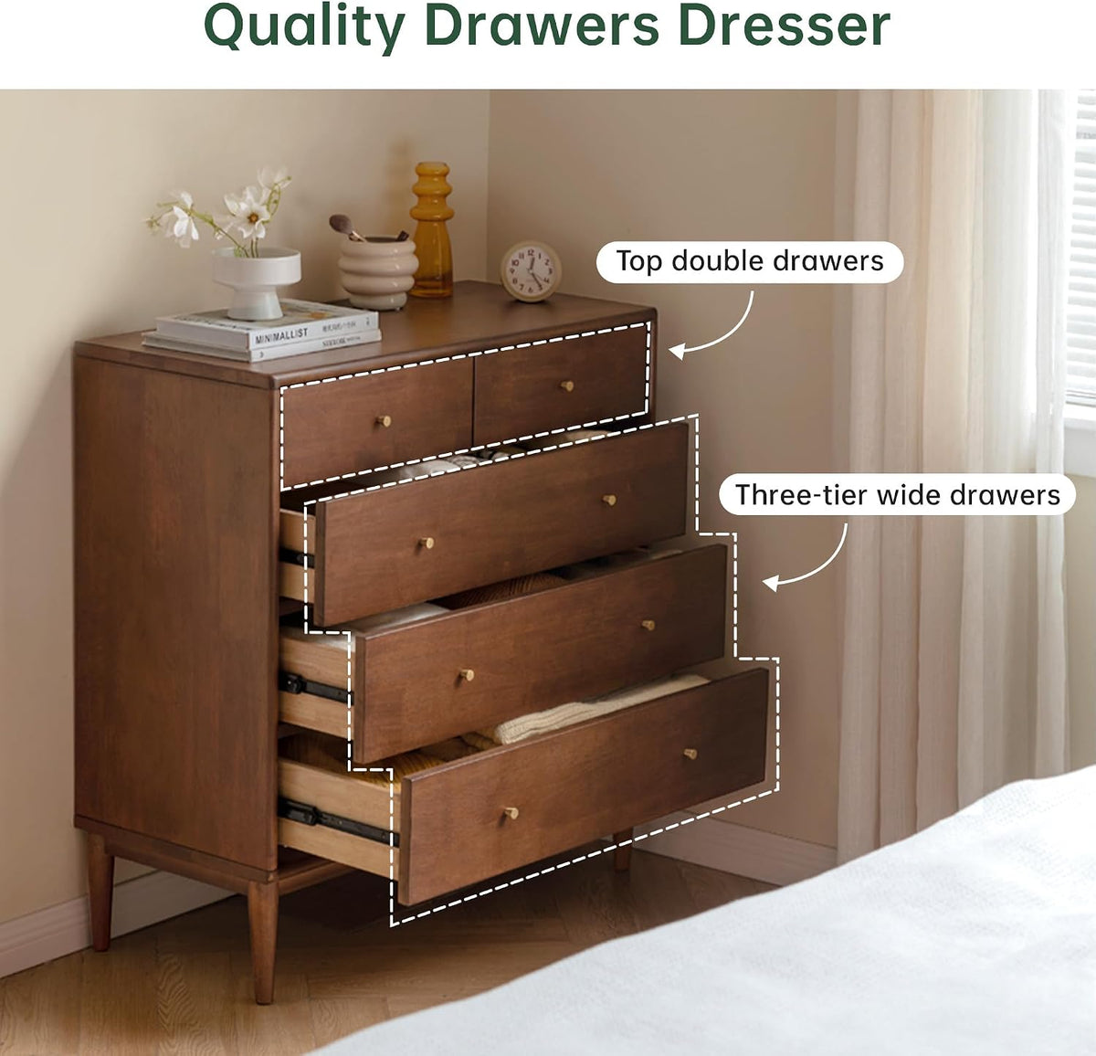 Solid Wood Nightstand, 5 Drawer Side Table for Bedroom, Wooden Storage Organizer, Modern Chest of Drawers for Living Room, Hallway, Closet, Walnut (33" W x 15.8" D x 35.4" H)