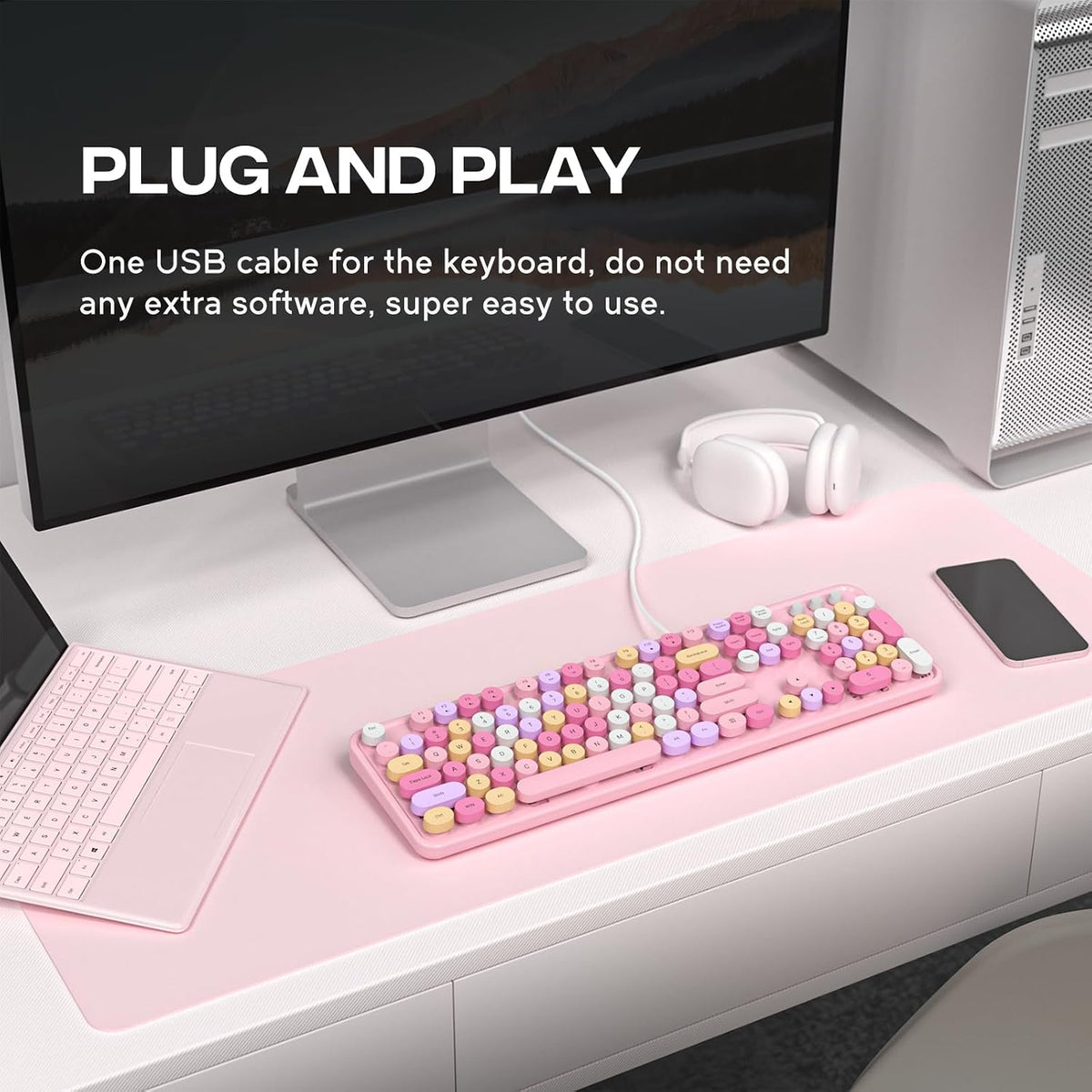 MOFII Computer Keyboard Wired,Round Key Retro Typewriter Keyboard Full Size