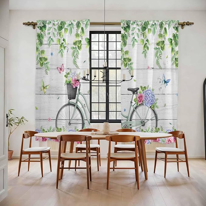 Spring Kitchen Curtains, Bicycles Botanical Rose Leaves Butterfly Wood Grain