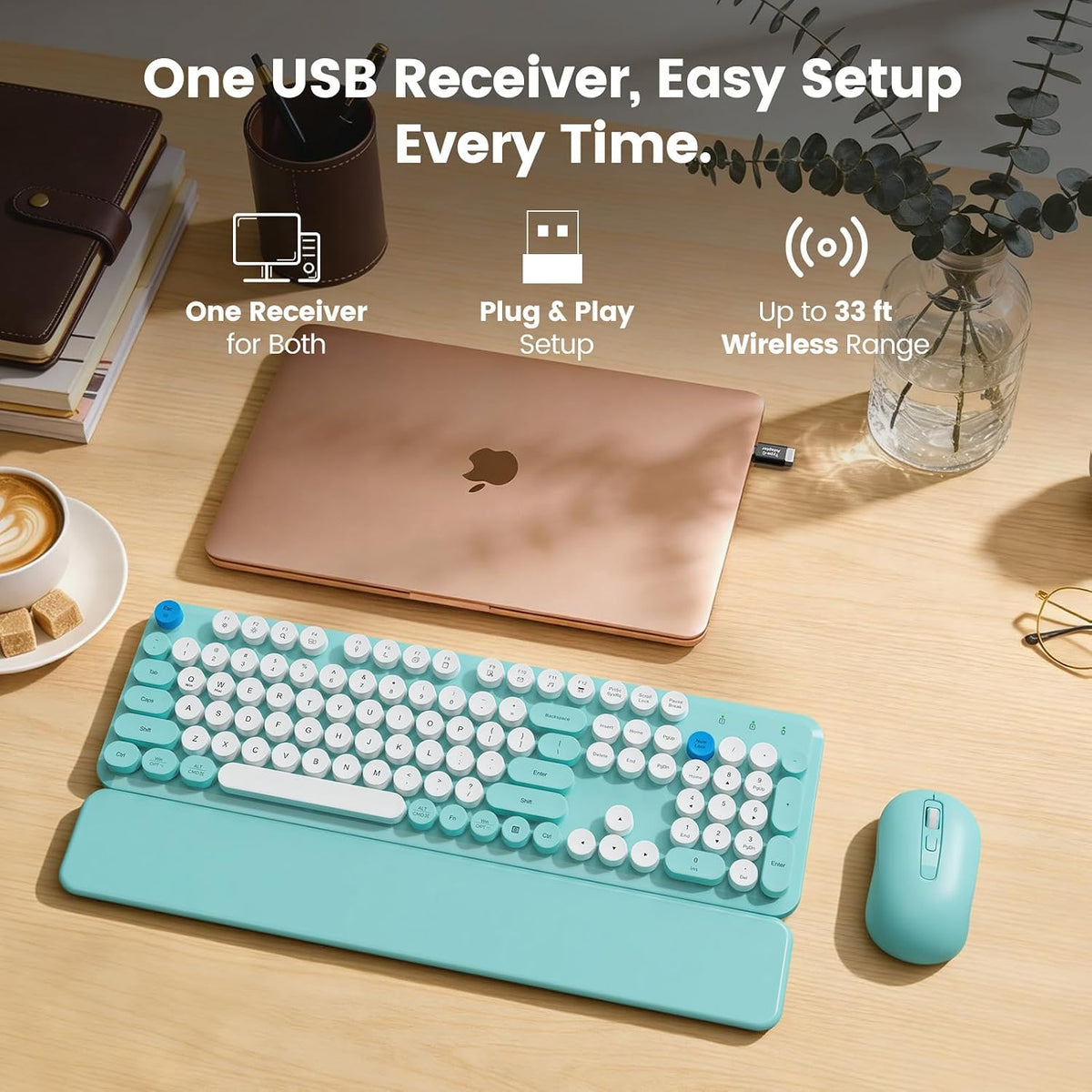 Wireless Keyboard Mouse Combo, Magnetic Wrist Rest, Round Keycap, Aqua Blue