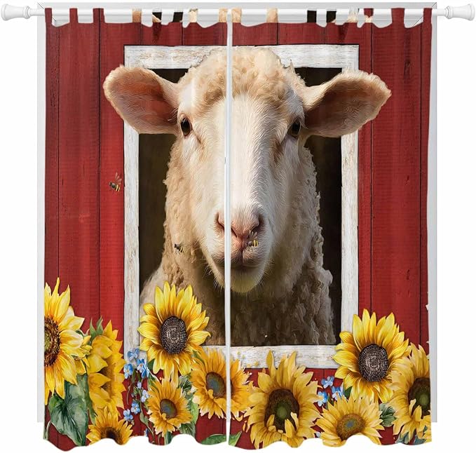 Sheep Sunflower Living Room Curtains 96 Inch Length, Window Curtains Tab Top