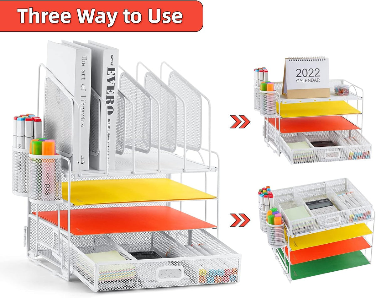Marbrasse Desk Organizers, 4-Tier Mesh Desk File Organizer with 5 Vertical File Holders and 2 Pen Holders, Multifunction Desktop Organizer,Desk Organizers and Accessories for Home Office (White)