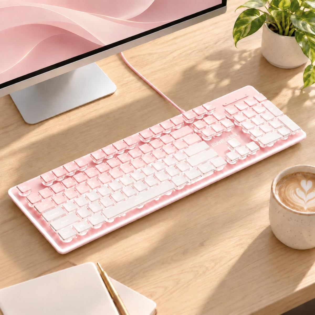 Wired Keyboard with White Backlight Pudding Keycaps, Pink-Pink Gradient