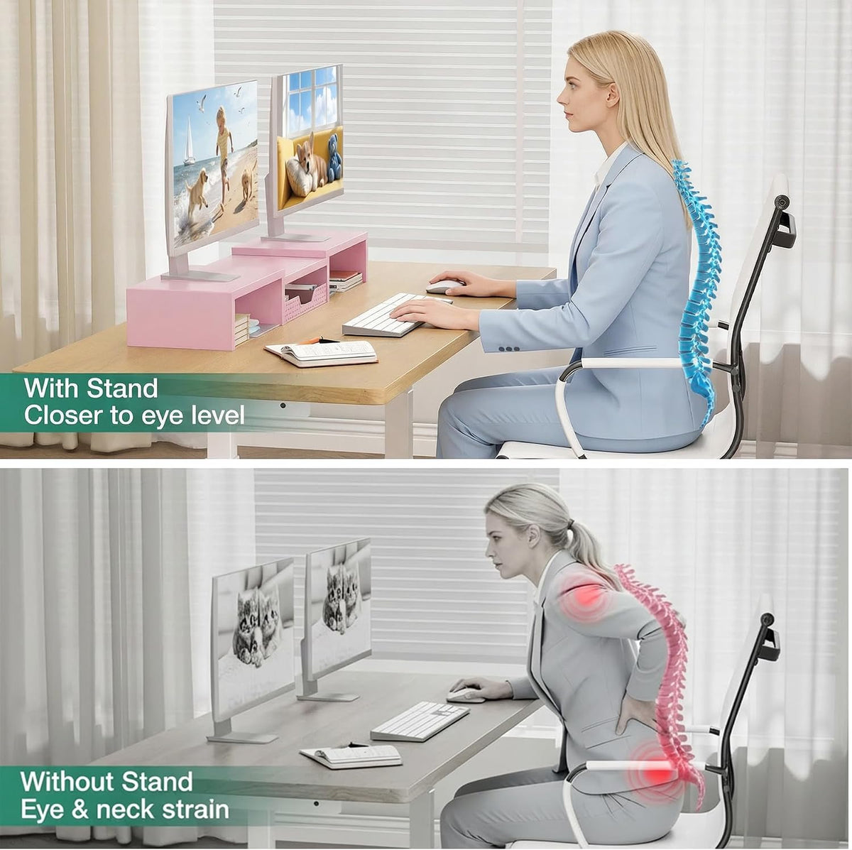 OPNICE Dual Computer Monitor Stand Riser, Desk Organizer with Drawer, Office Desk Accessories & Workspace Organizers for Home Office Supplies, Pink