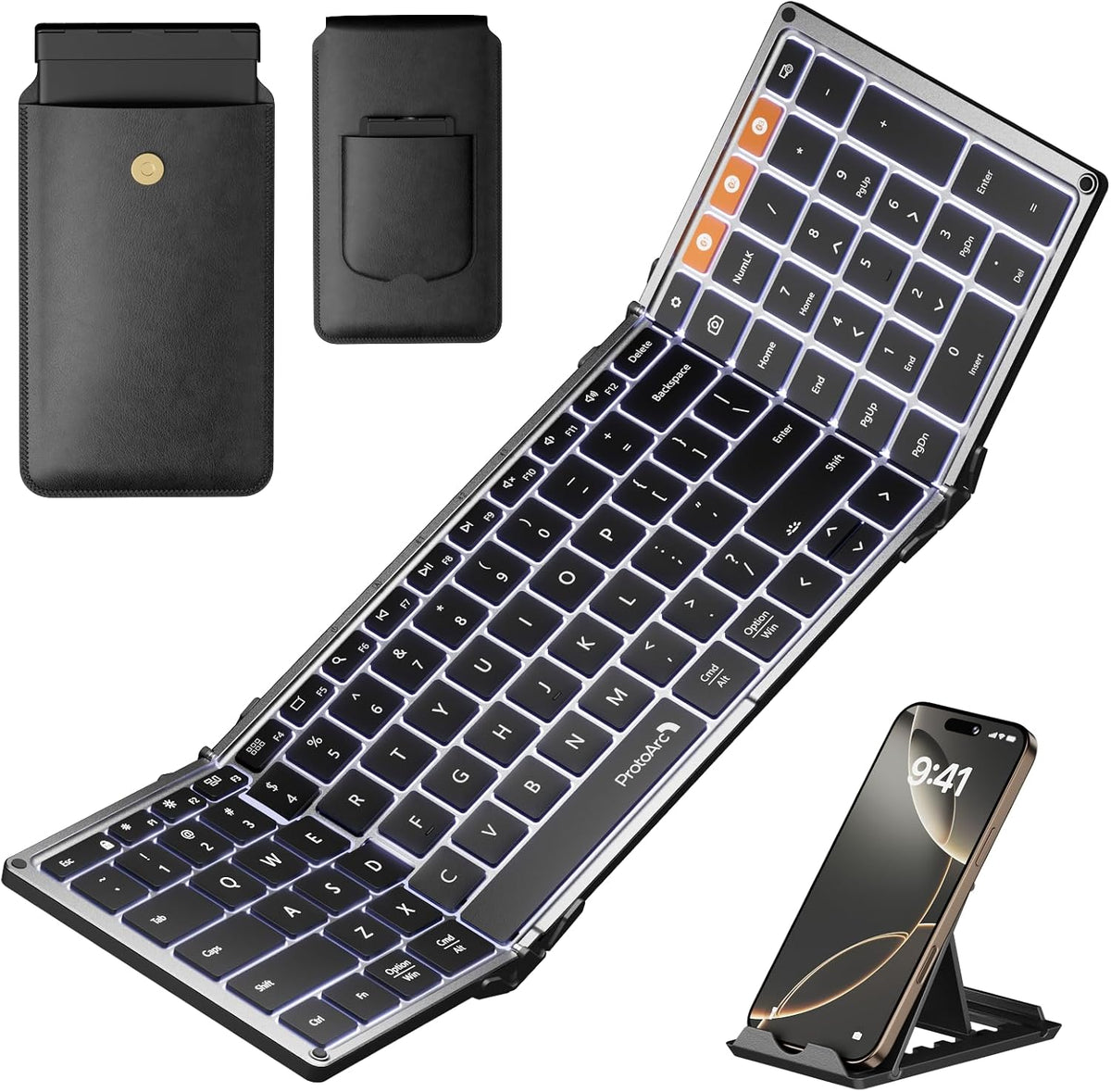 ProtoArc XK01 Plus Backlit Foldable Keyboard, 105-Key Full-Size, Gray