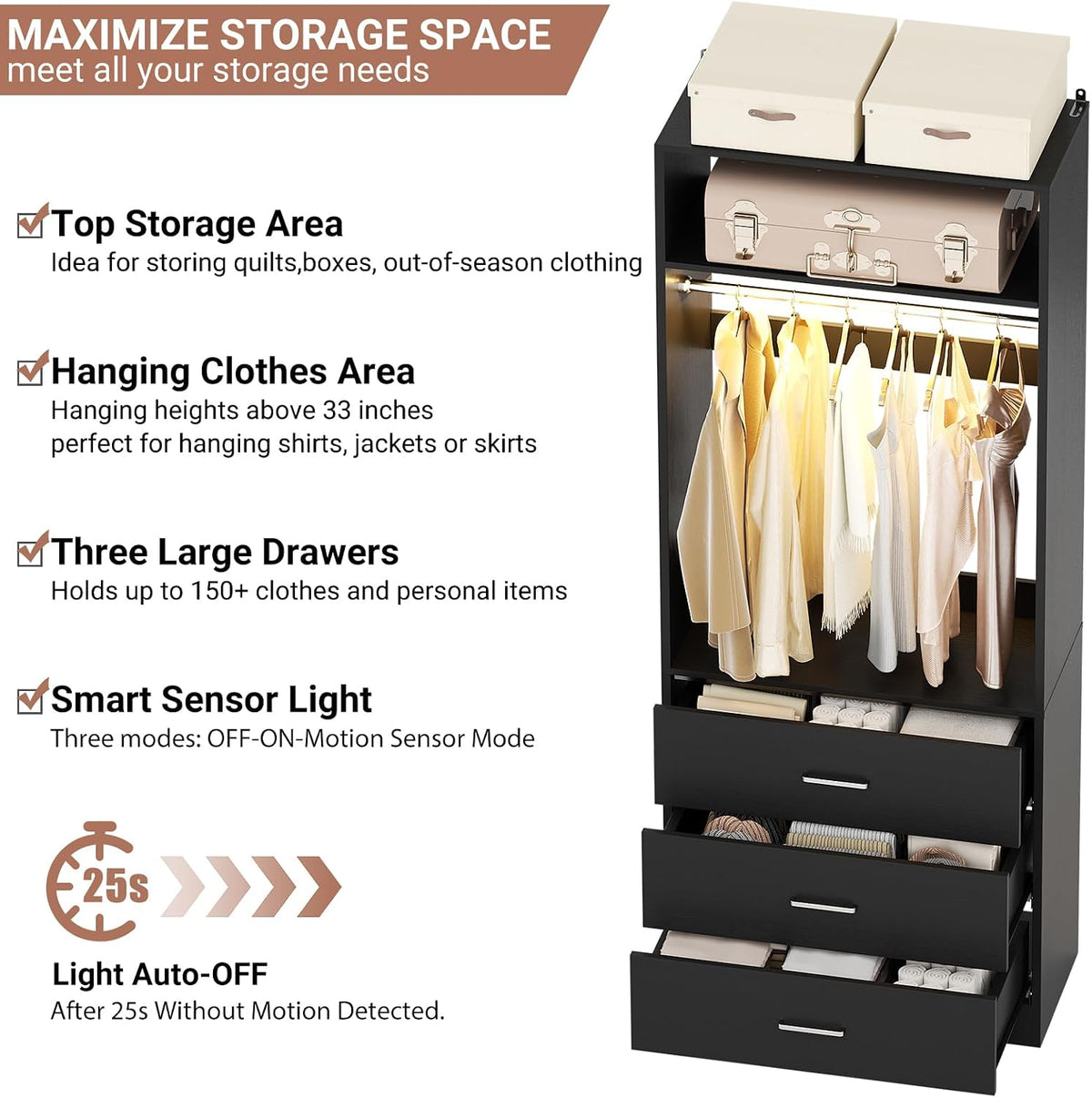 Besiost Freestanding Closet Systems with 4 Motion Sensor LED Lights, 4 Set