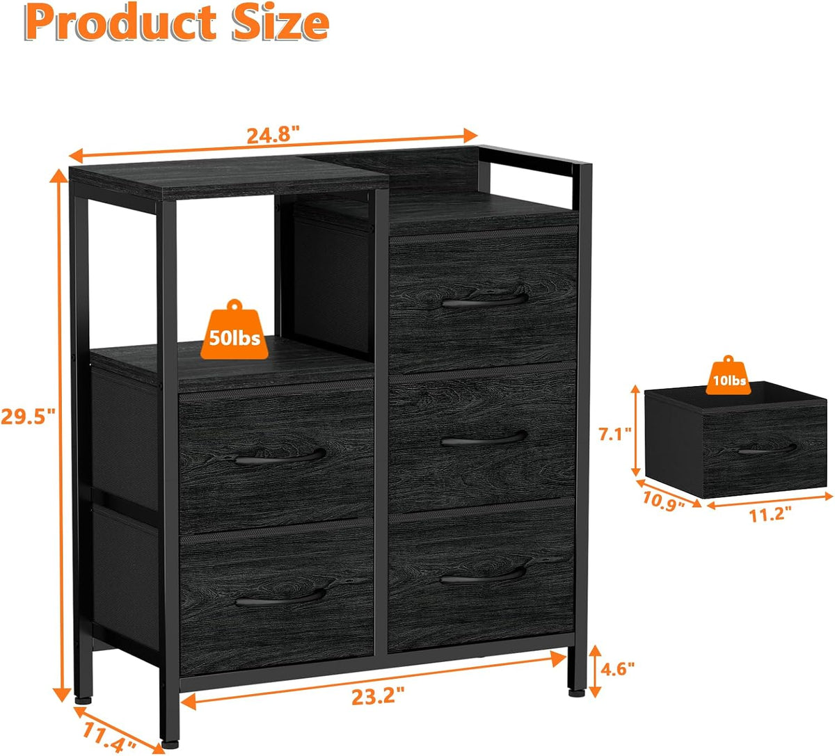 Furnulem Black Dresser for Bedroom, 5 Drawer Small Fabric Closet Dresser