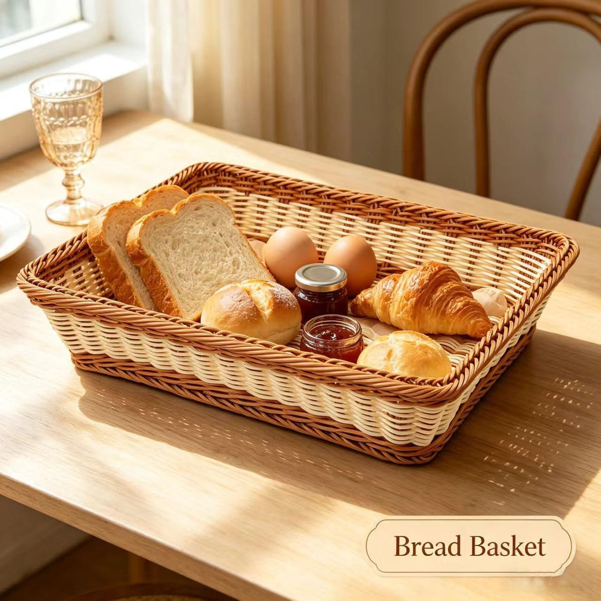 RT&BS 2pcs Wicker Bread Basket for Serving, Wicker Fruit Basket, Display Baskets for Vegetable Fruit, Reusable Handwoven Serving Baskets for Kitchen, Store, Restaurant, Outdoor (Bicolor, M)