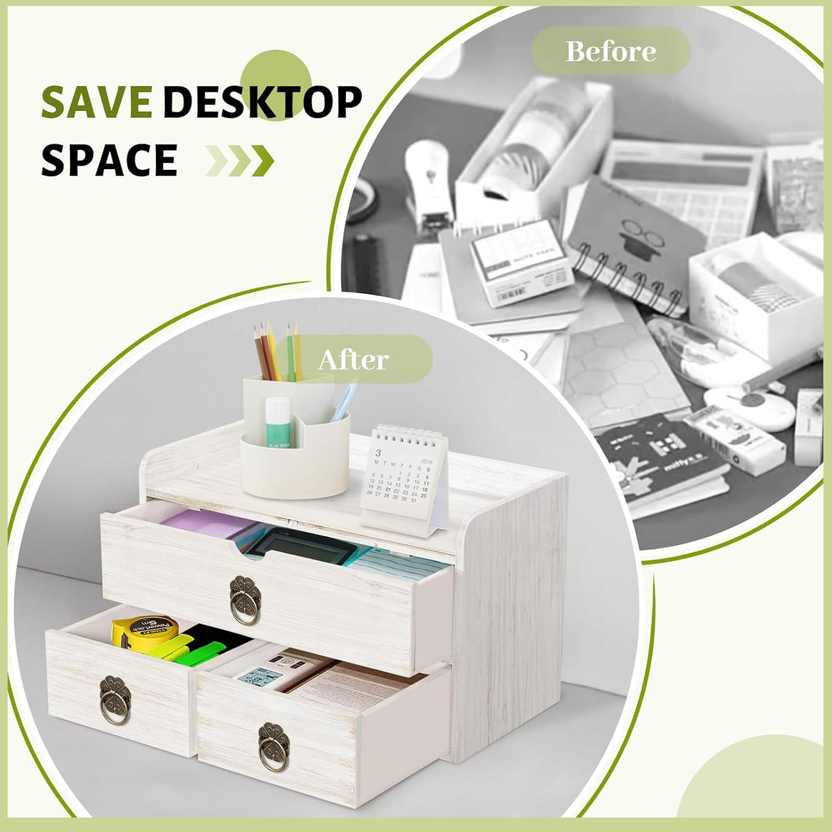 Wood Desk Organizer with Drawer, White Wooden Desktop Organizer, Tabletop Storage Organization Box for Countertop, Home Office Supplies, 13.5x6.6x8.2 Inch(3 Drawer and Shelf)