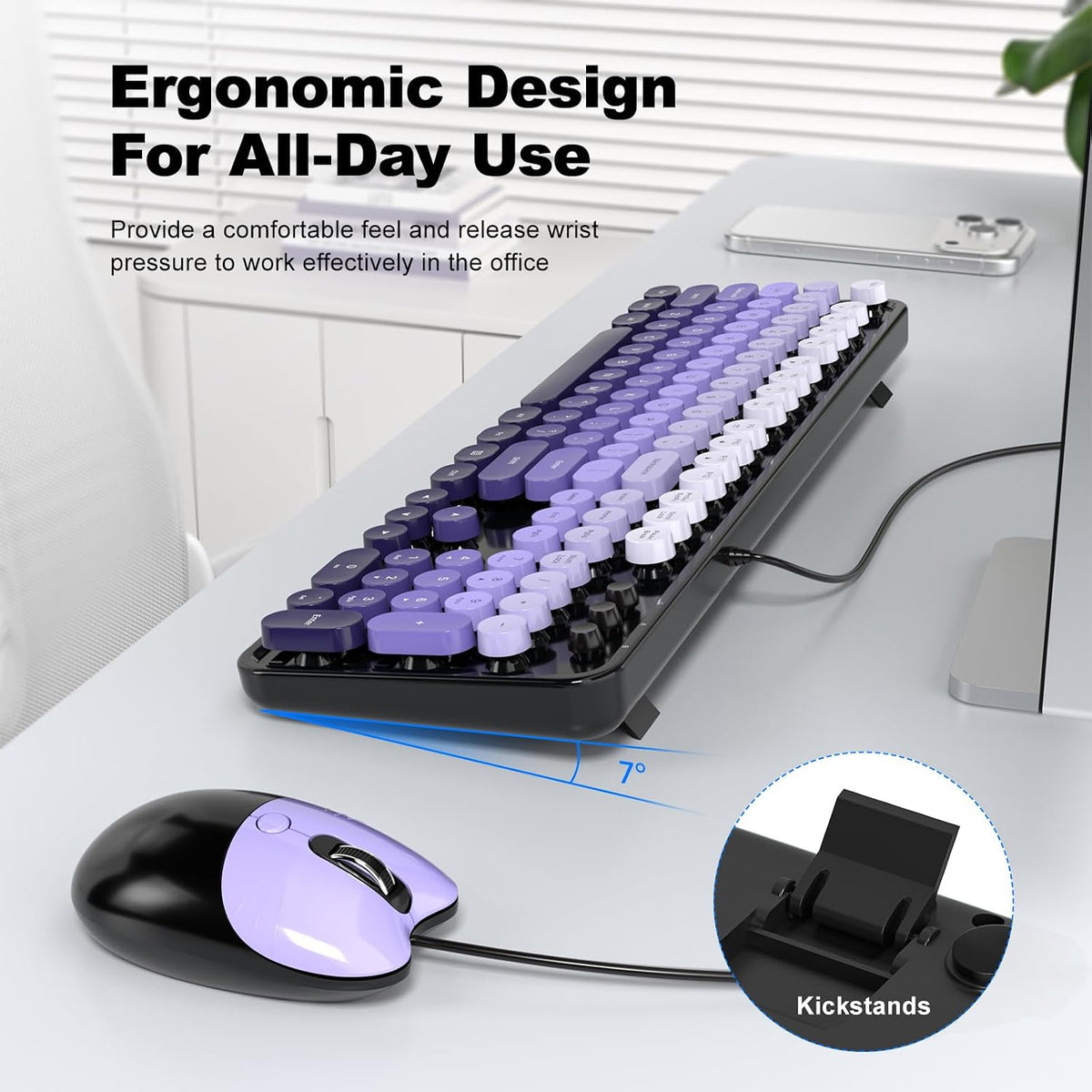 MOFII Wired Retro Typewriter Keyboard and Mouse Combo, Full Size USB Plug & Play for Windows PC Laptop- Black Purple