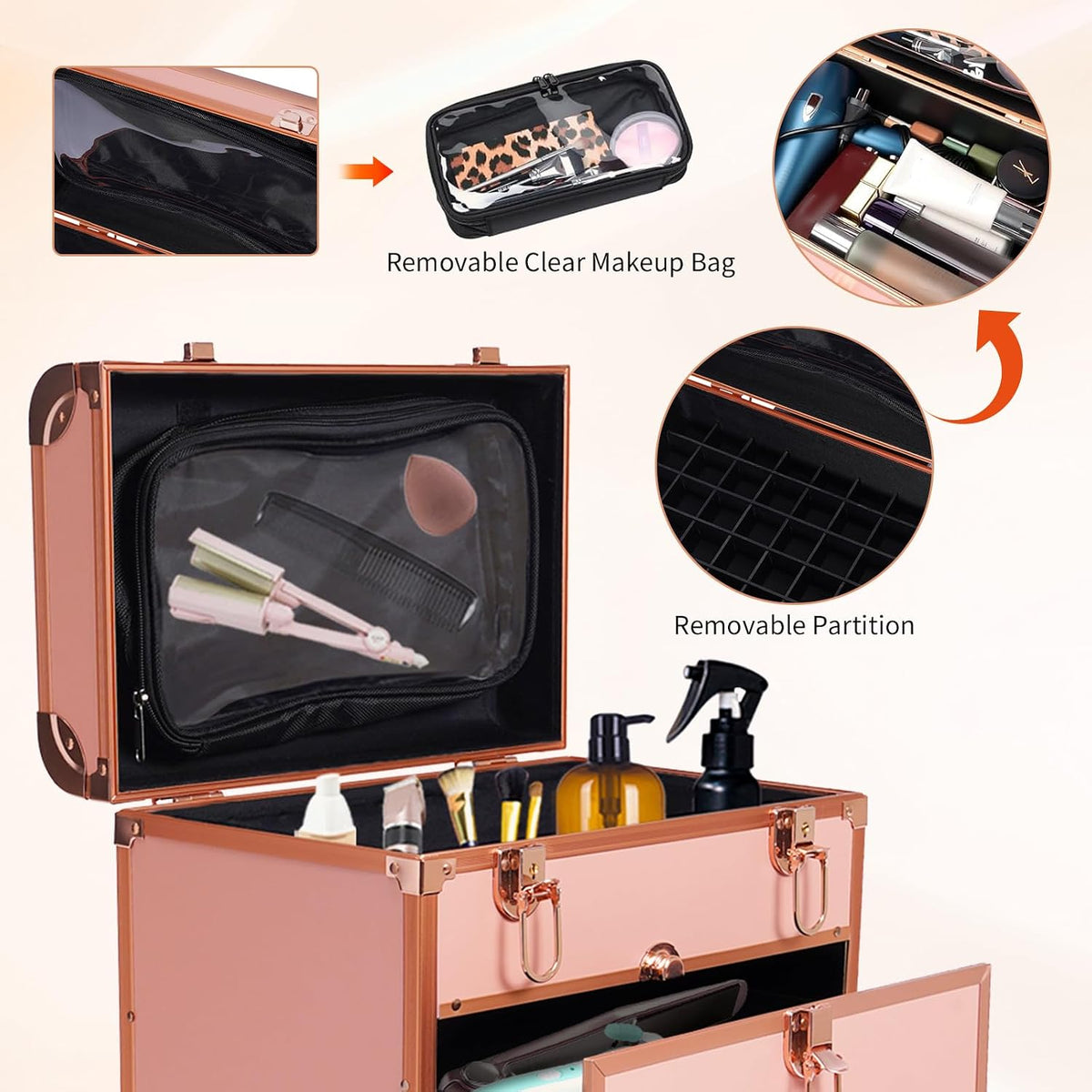 3 in 1 Cosmetic Train Cases Rolling on Wheels Makeup Train Case 𝐰𝐢𝐭𝐡 𝐃𝐫𝐚𝐰𝐞𝐫𝐬 𝐚𝐧𝐝 𝐂𝐥𝐞𝐚𝐫 𝐌𝐚𝐤𝐞𝐮𝐩 𝐁𝐚𝐠,3-Layer Large Nail Cart & Organizer for Makeup Artists,Nail Technicians