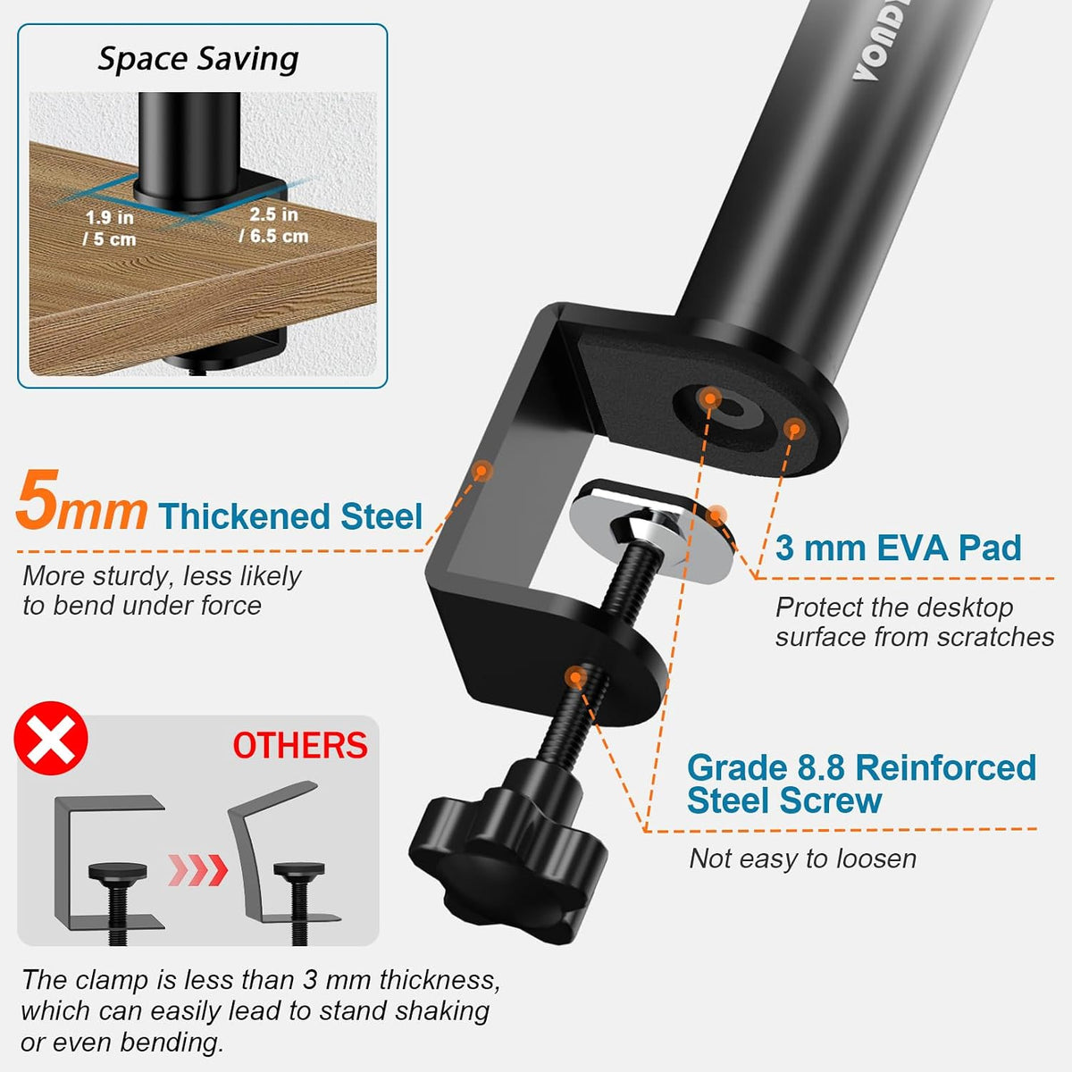 Vondynote Pair of Studio Monitor Stands Desk Clamp Speaker Stands 12°Tilt