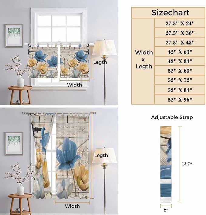 Blue Yellow Tulips Living Room Curtains 96 Inch Length, Window Curtains Tab Top