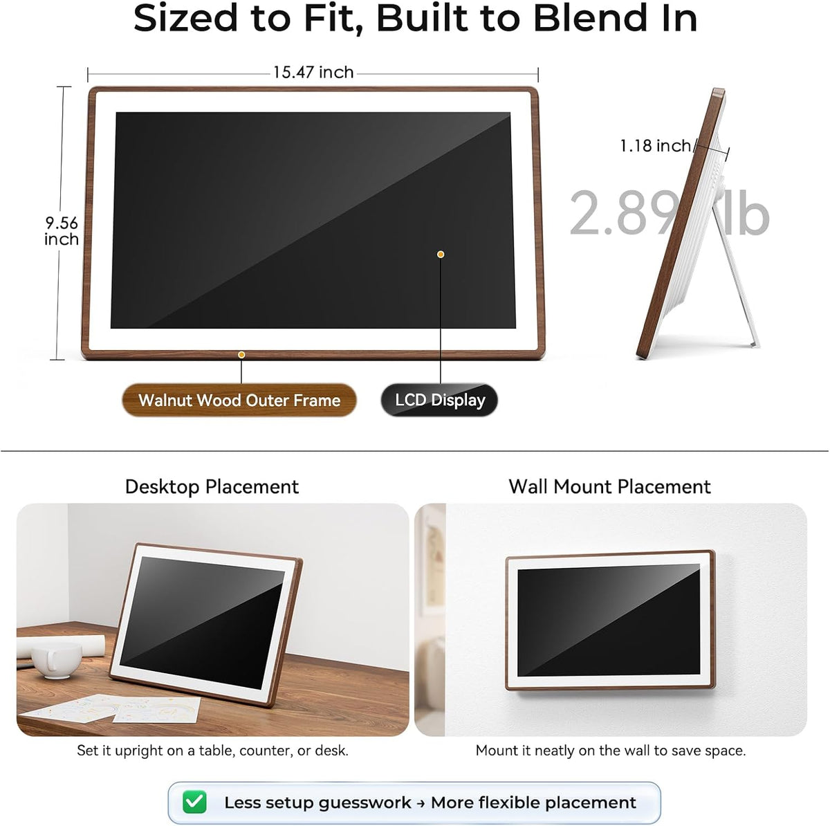 ANKRA 15.6" Digital Calendar, No Subscription Family Calendar (Walnut)
