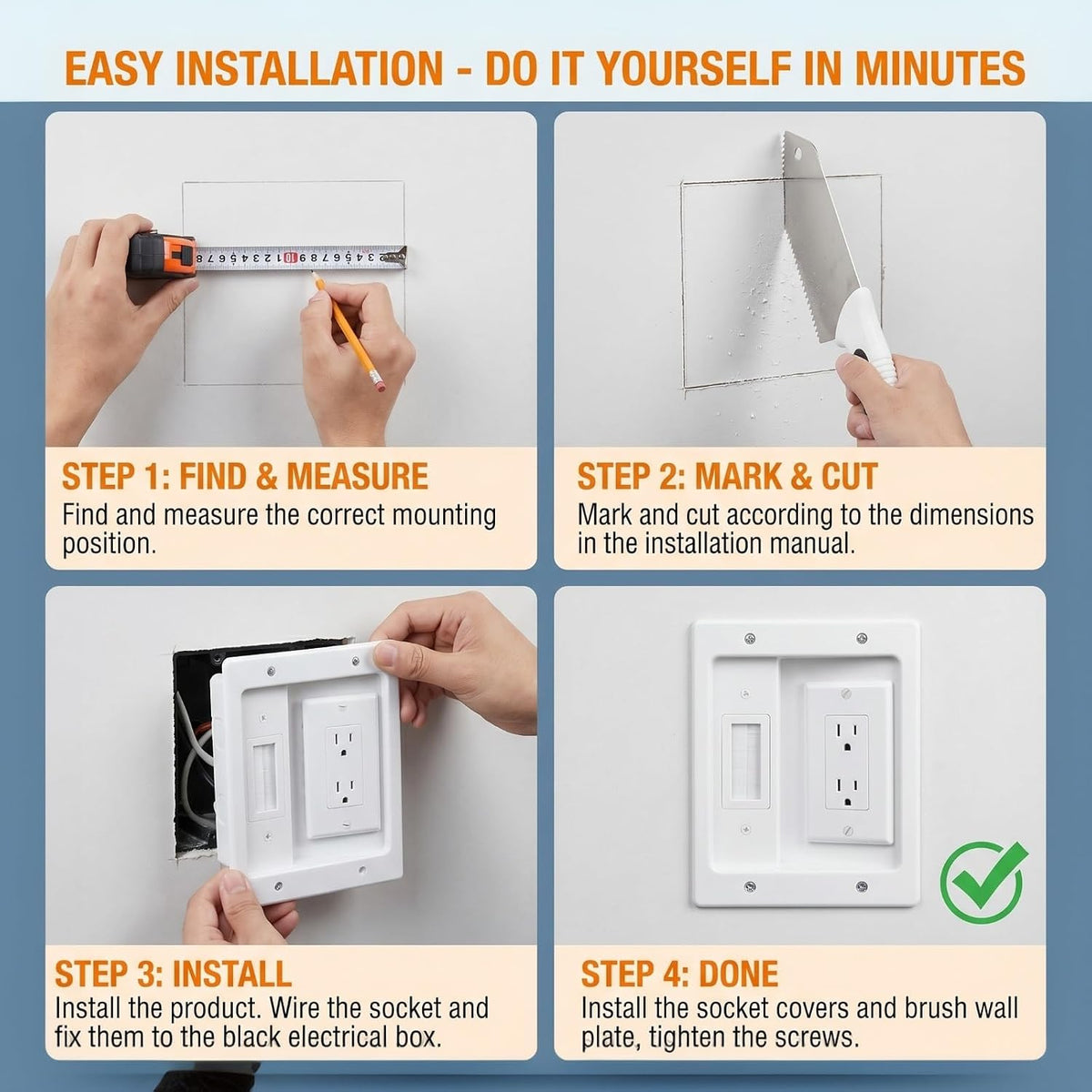 Wall Cable Management Kit, with 9ft Power Cord, Brush Wall Plate & Bracket