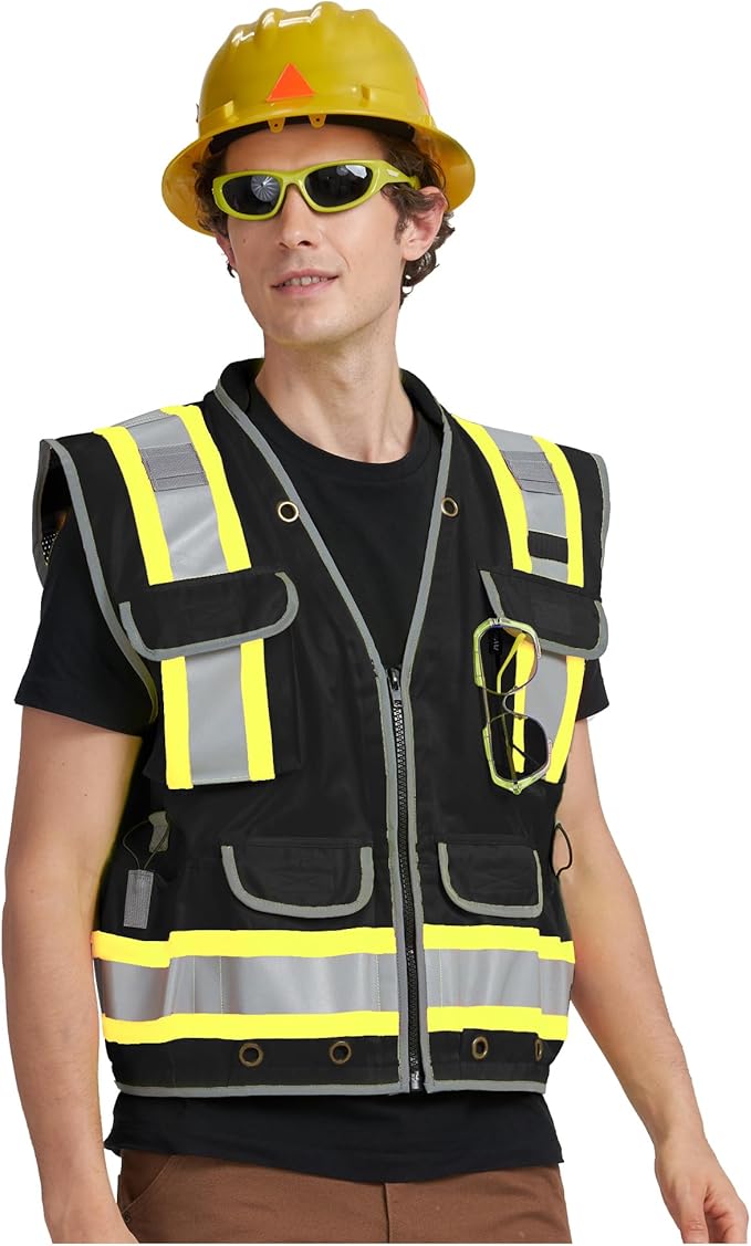 AYKRM Heavy Woven cotton High Vis Reflective work construction safety vest for men Class 2 with ipad Cargo Pockets