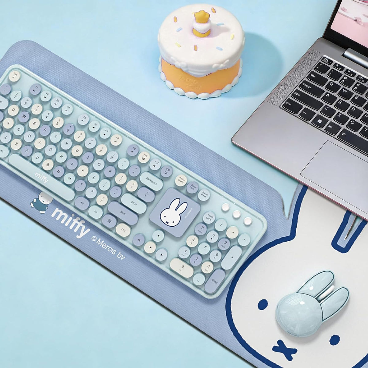 Miffy 104-Key Wireless Keyboard & Mouse Combo with Large Light Blue Desk Pad - Ergonomic Computer Accessories for Office/Home, Cute Kawaii Design - Light Blue