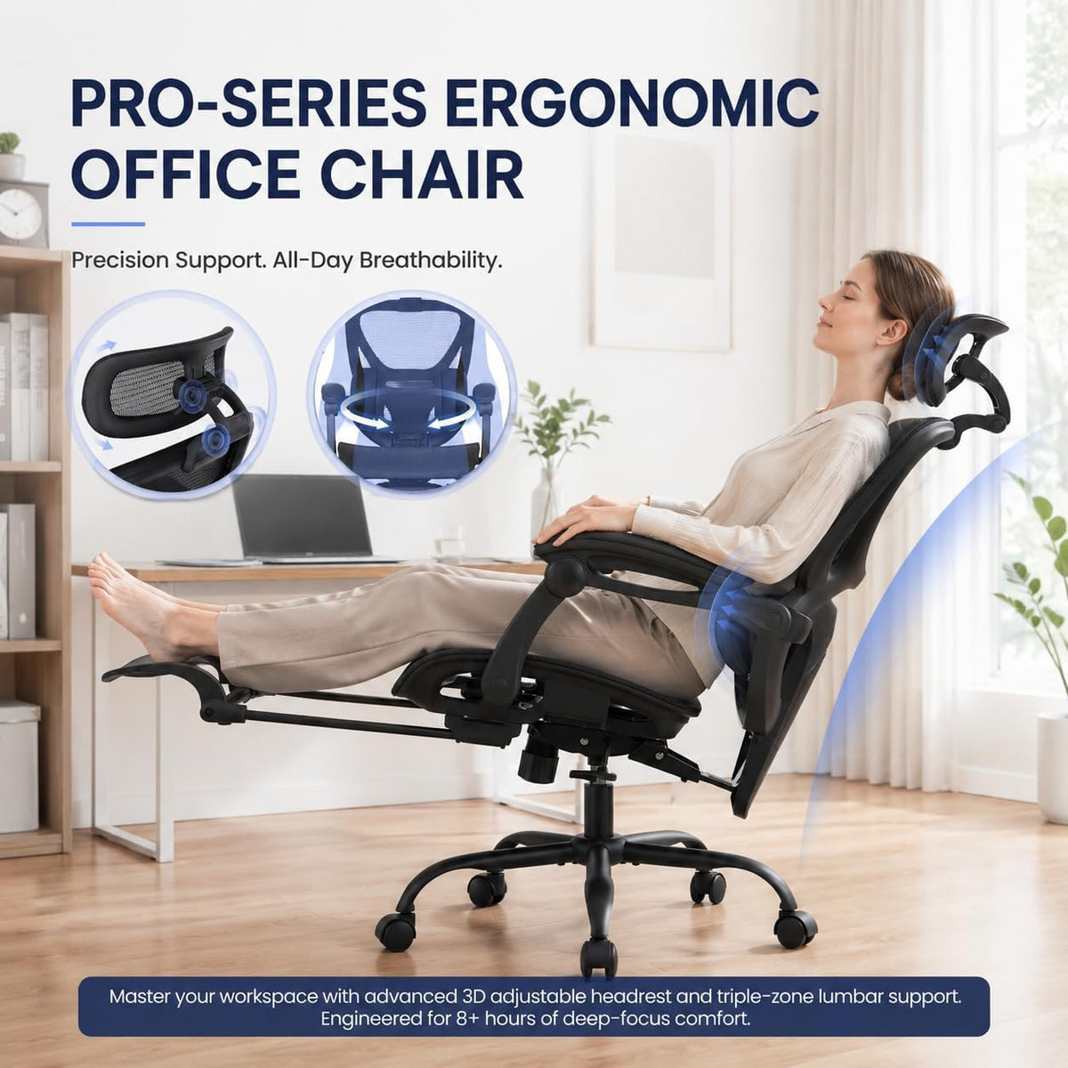 MALOL Ergonomic Mesh Office Chair with Footrest, High Back Desk Chair with 5-Level Adjustable Lumbar Support, 3D Headrest, 130° Reclining Backrest, Adaptive Armrests, Home Office Computer Chair, Black