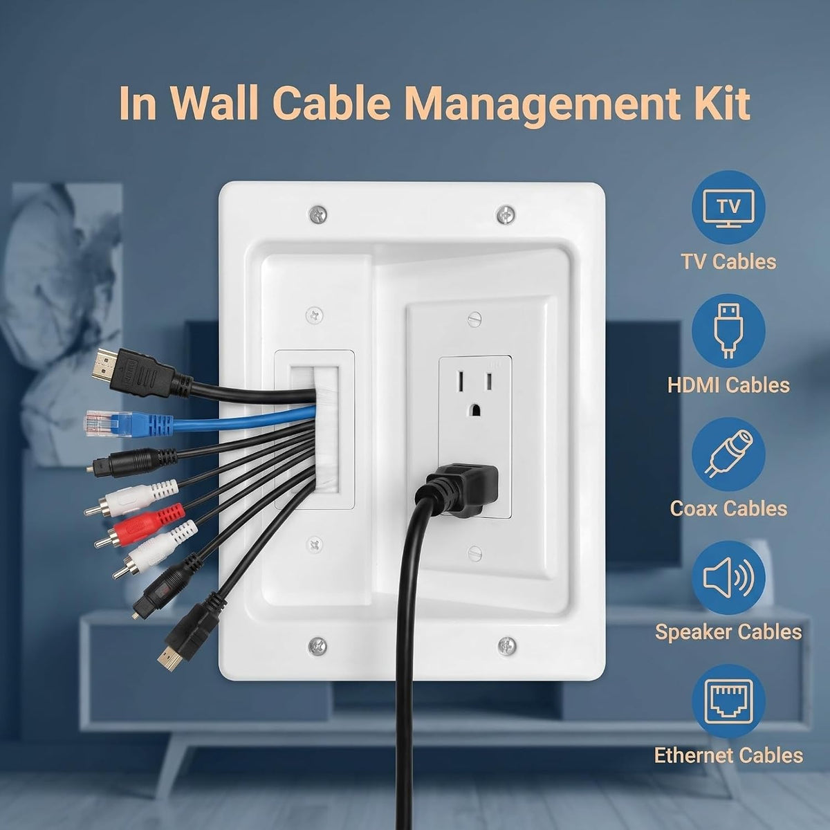 Wall Cable Management Kit, with 9ft Power Cord, Brush Wall Plate & Bracket