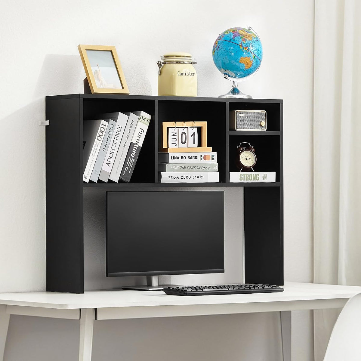 VEVOR Desktop Bookshelf, Storage Organizer with 5 Shelves for Computer Desk, Wooden Shelf Desk Hutch with Anti-Slip Feet Pads, Desk Top Display Rack for Office, Home & Dorm, Black