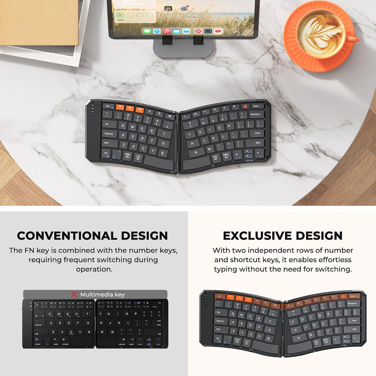 MEETION Foldable Ergonomic Bluetooth Keyboard, Split, Portable, Black